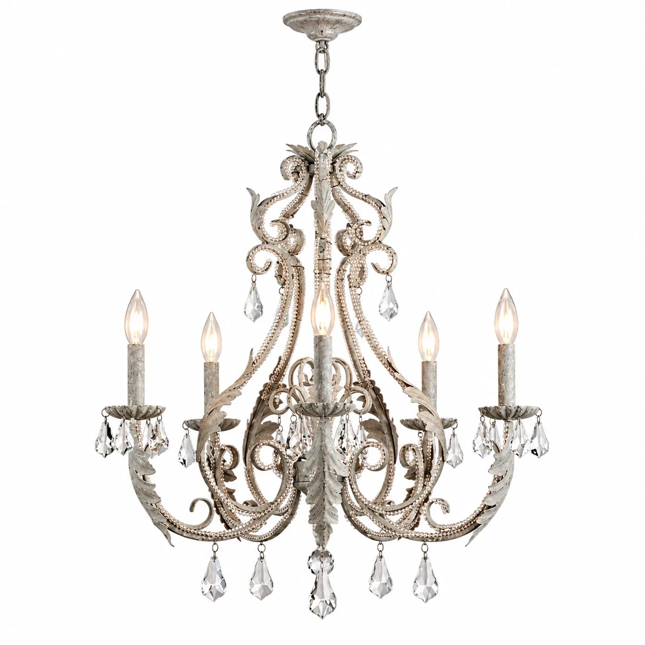 Camille 5-light gray French crystal iron chandelier on white background