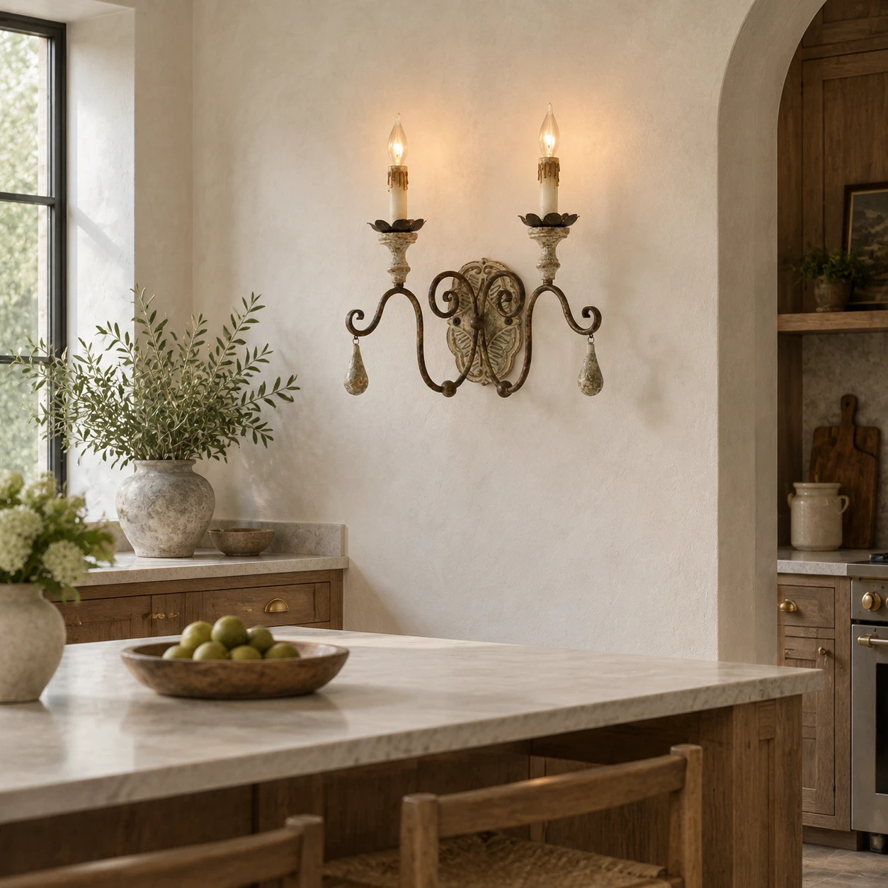 Two-light wood and iron wall sconce in a home interior