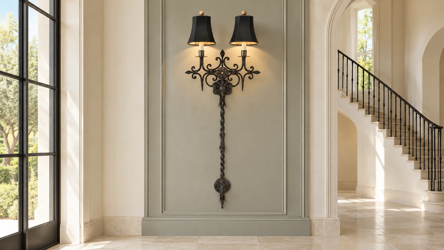 Extra-tall black distressed iron wall sconce in a bright entry hall