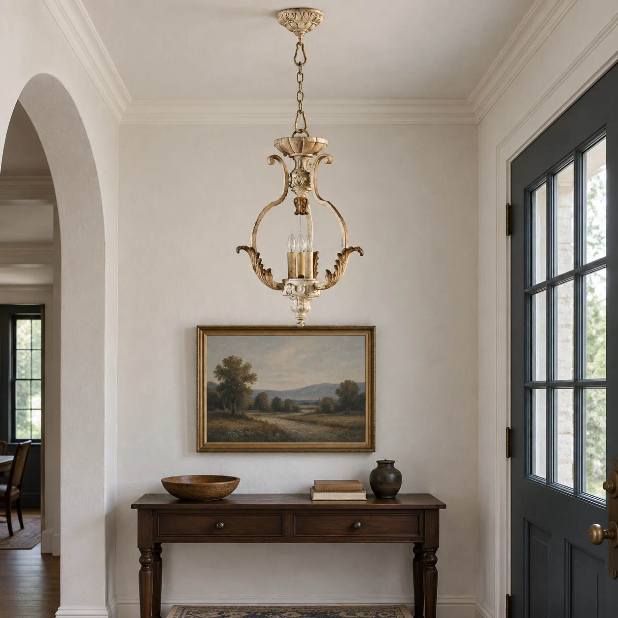 Evelyn three-light carved wood pendant in an entryway