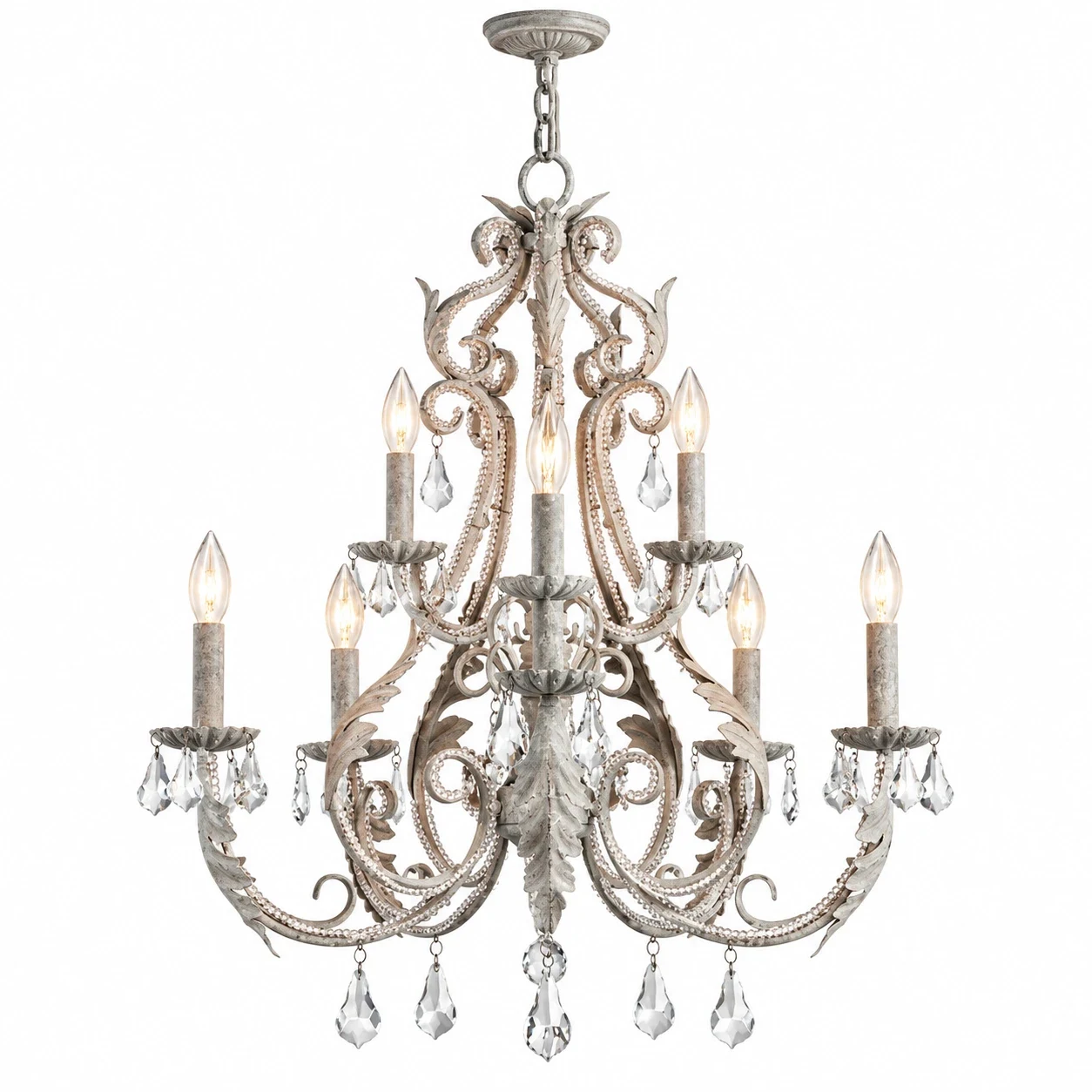 Camille 8-light gray French crystal iron chandelier on white background