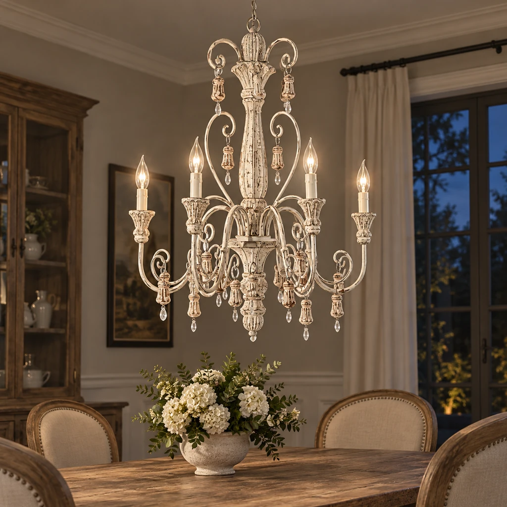 Elowen chandelier in an evening dining room