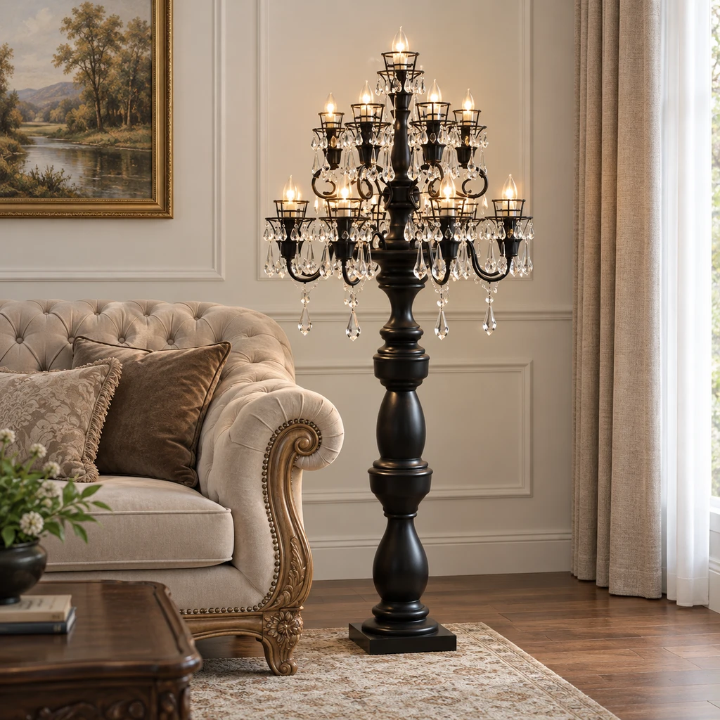 Celeste floor lamp beside a refined sofa