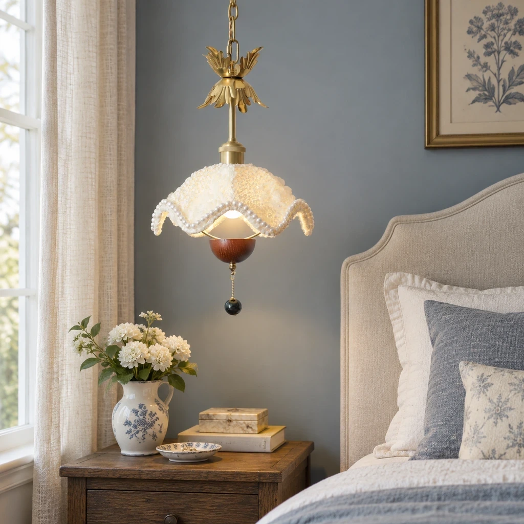 Sophie Floral Fabric Iron Pendant Light in a bedroom setting