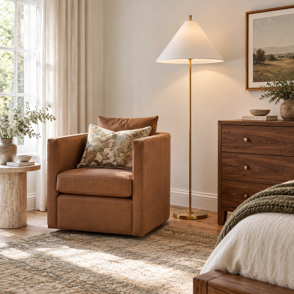 Antique brass Clara floor lamp in a bedroom sitting area