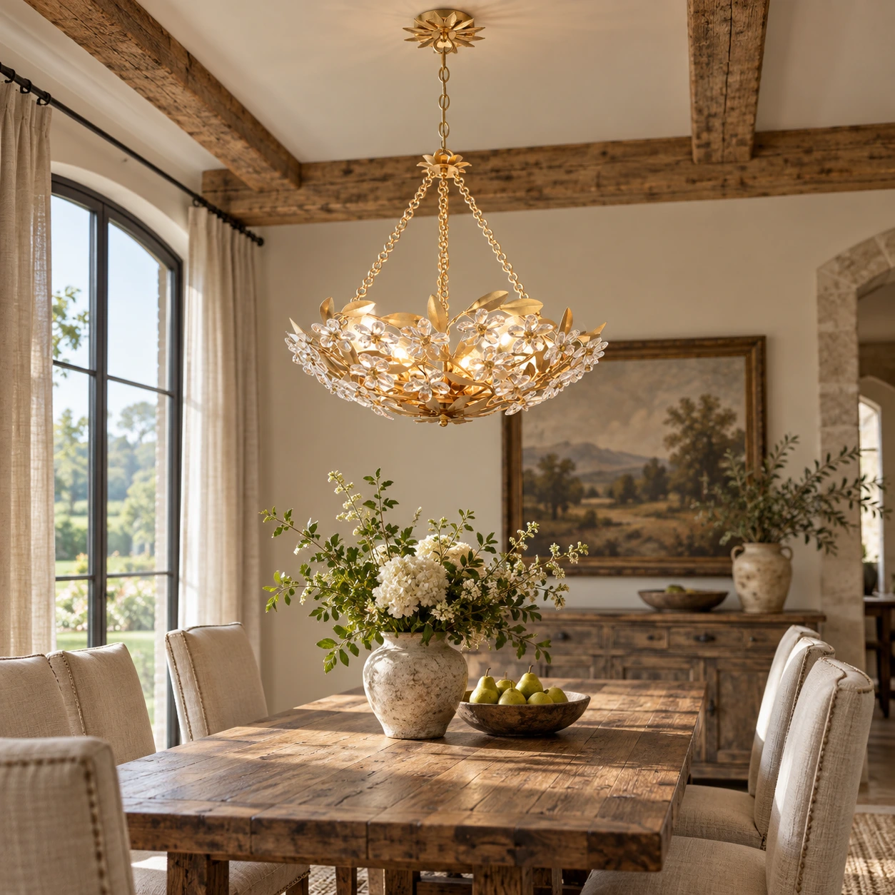 Crystal flower pendant light in a bright dining interior