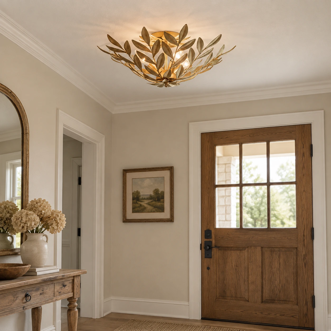 Golden leaf flush mount light in an entry hall with warm daylight