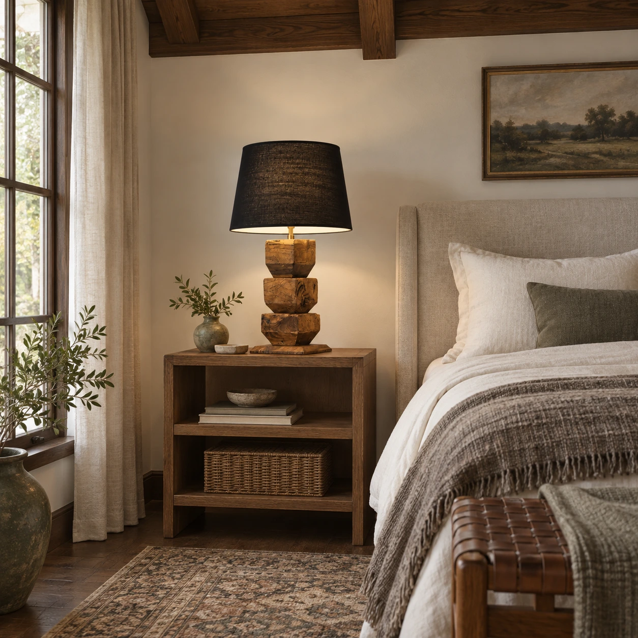 Solid wood table lamp on a bedroom console