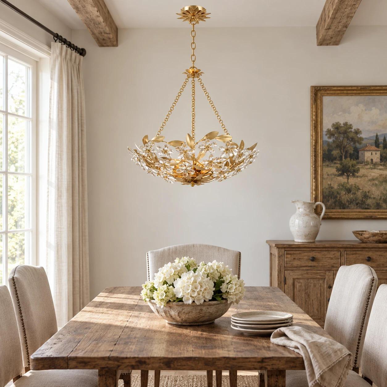 Crystal flower pendant light above a dining table