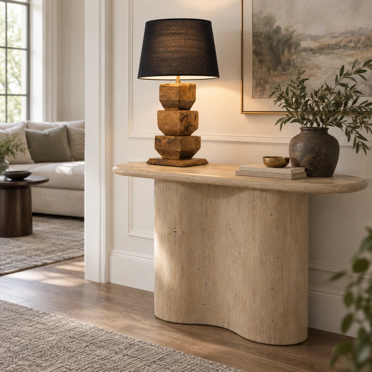 Solid wood table lamp styled on an entryway console