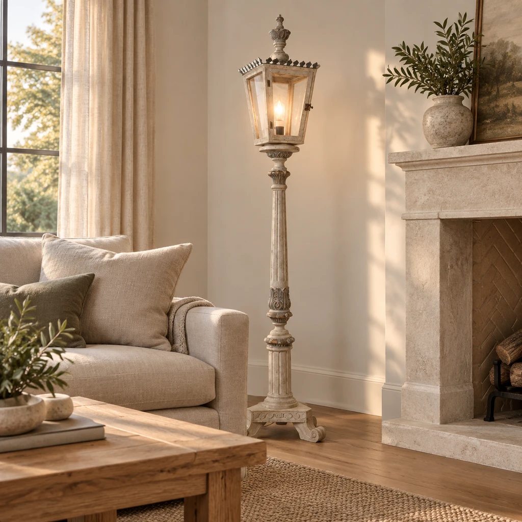 Maison Carved Wood Lantern Floor Lamp in a dining room