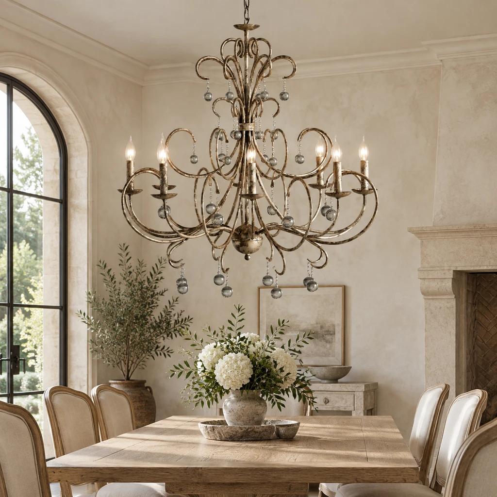 Antique iron chandelier above a dining table