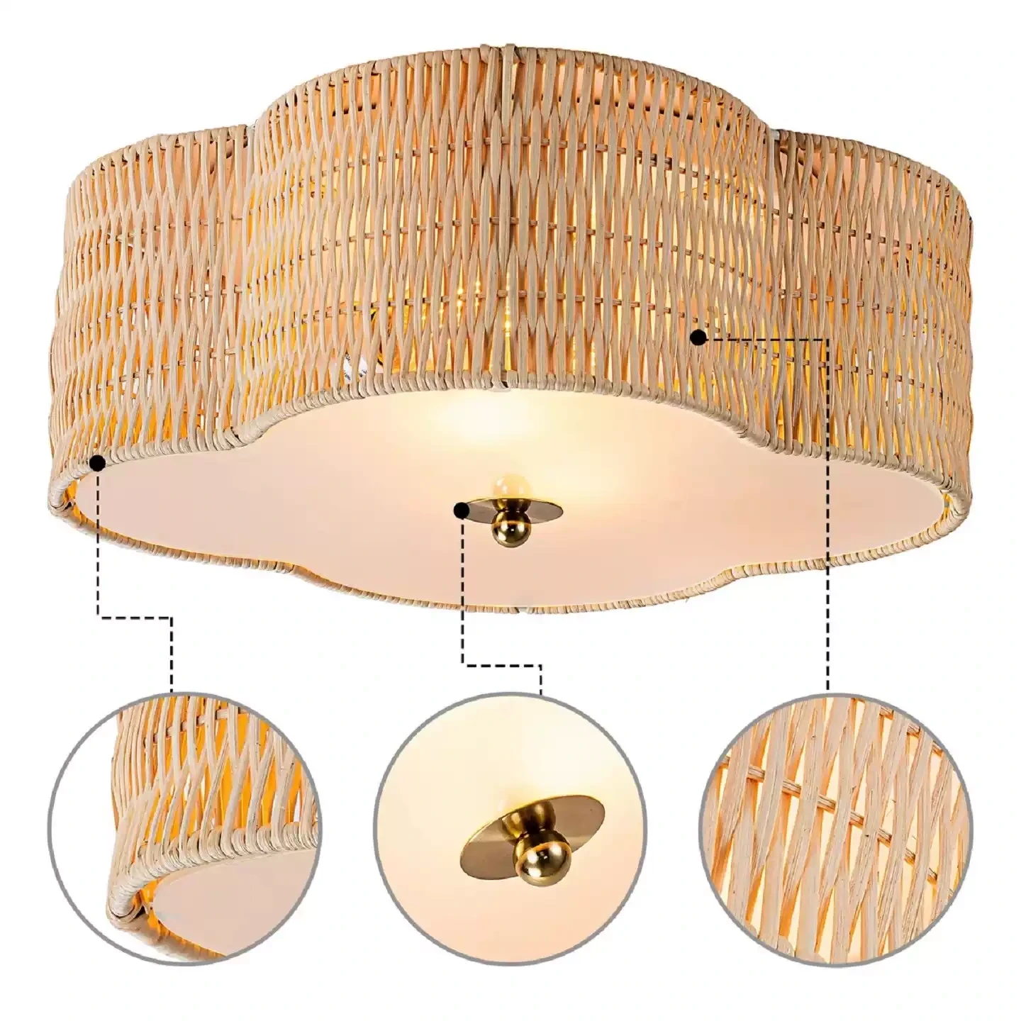Close view of the woven rattan shade, diffuser and central finial