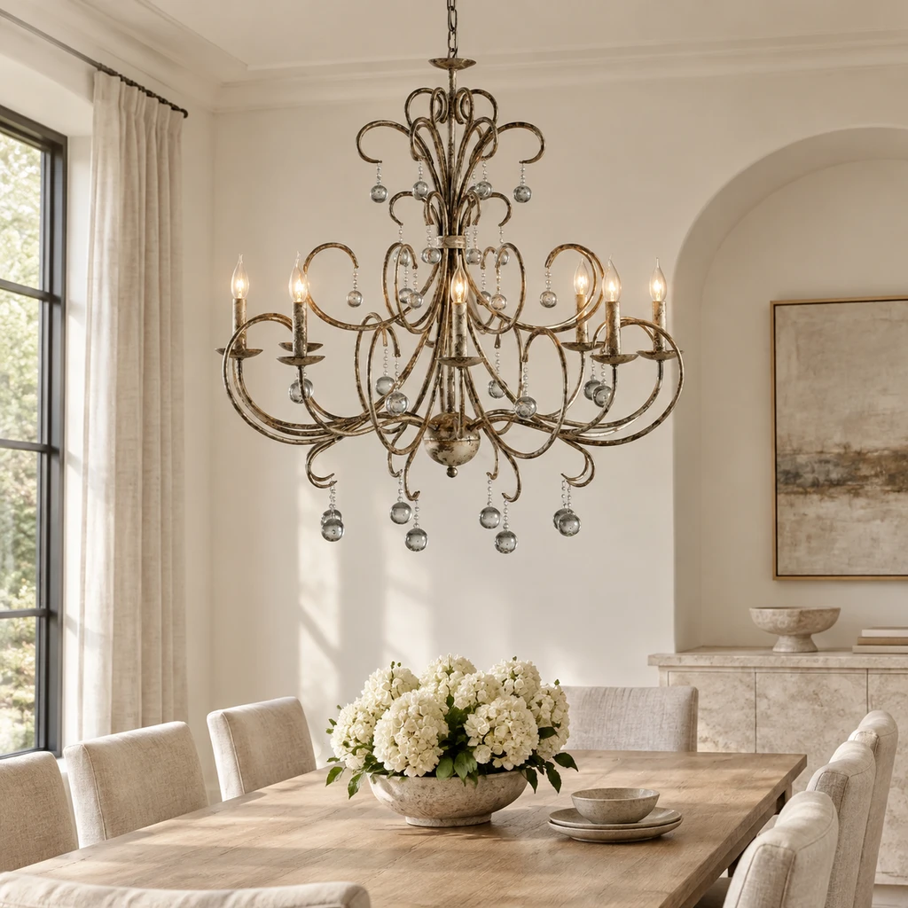 Eight-light iron chandelier installed above a dining table