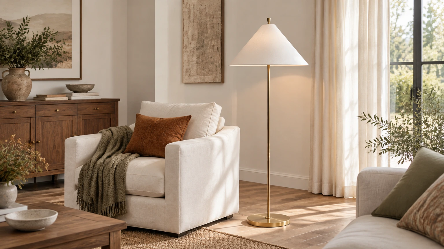 Clara antique brass fabric shade floor lamp in a bright traditional living room