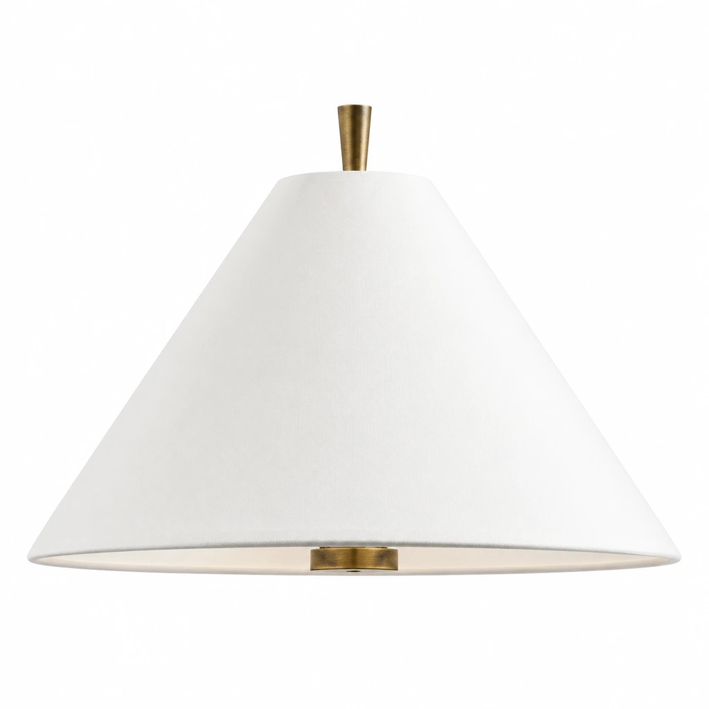 Close view of the white tapered shade and top finial