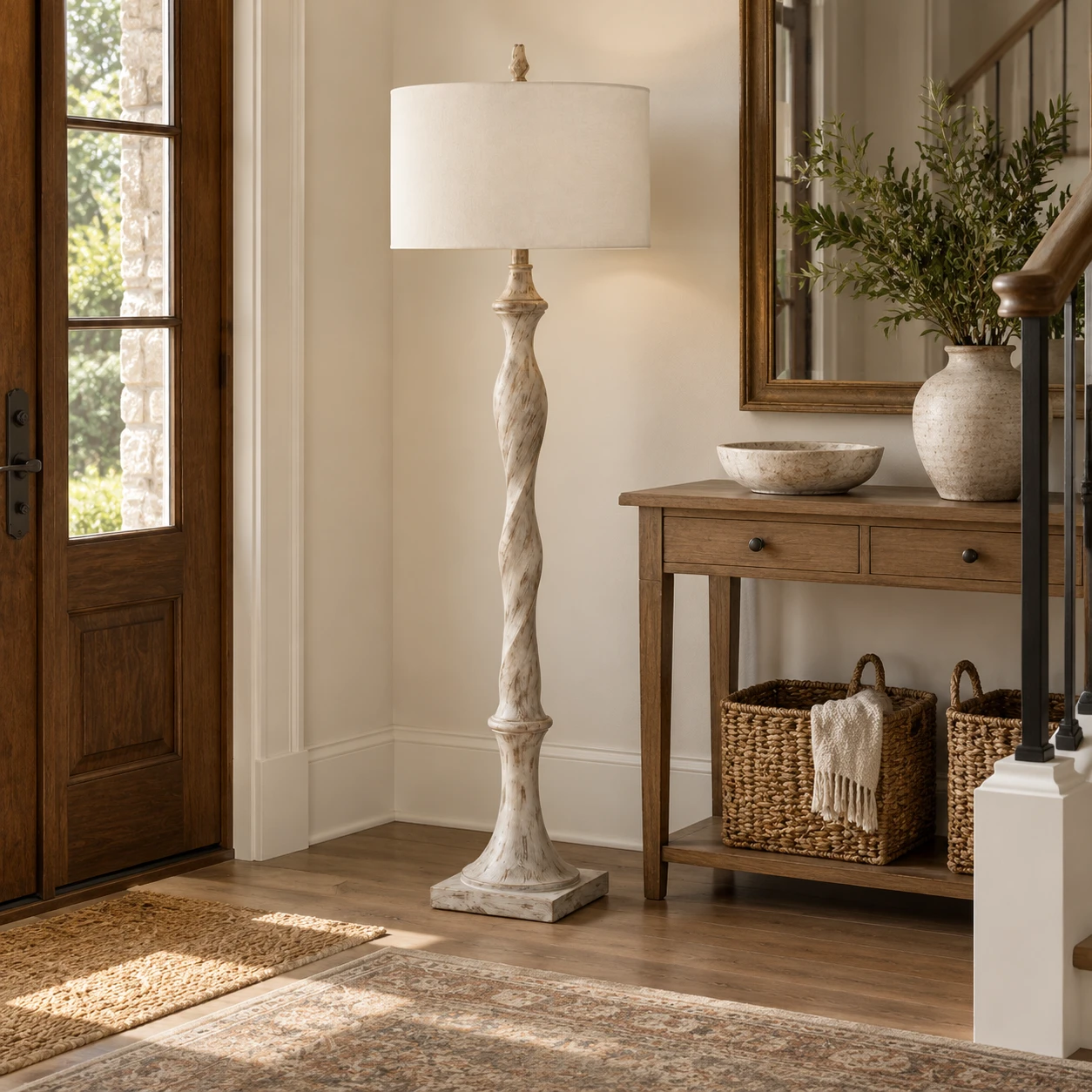 Mira floor lamp in an entry beside a console