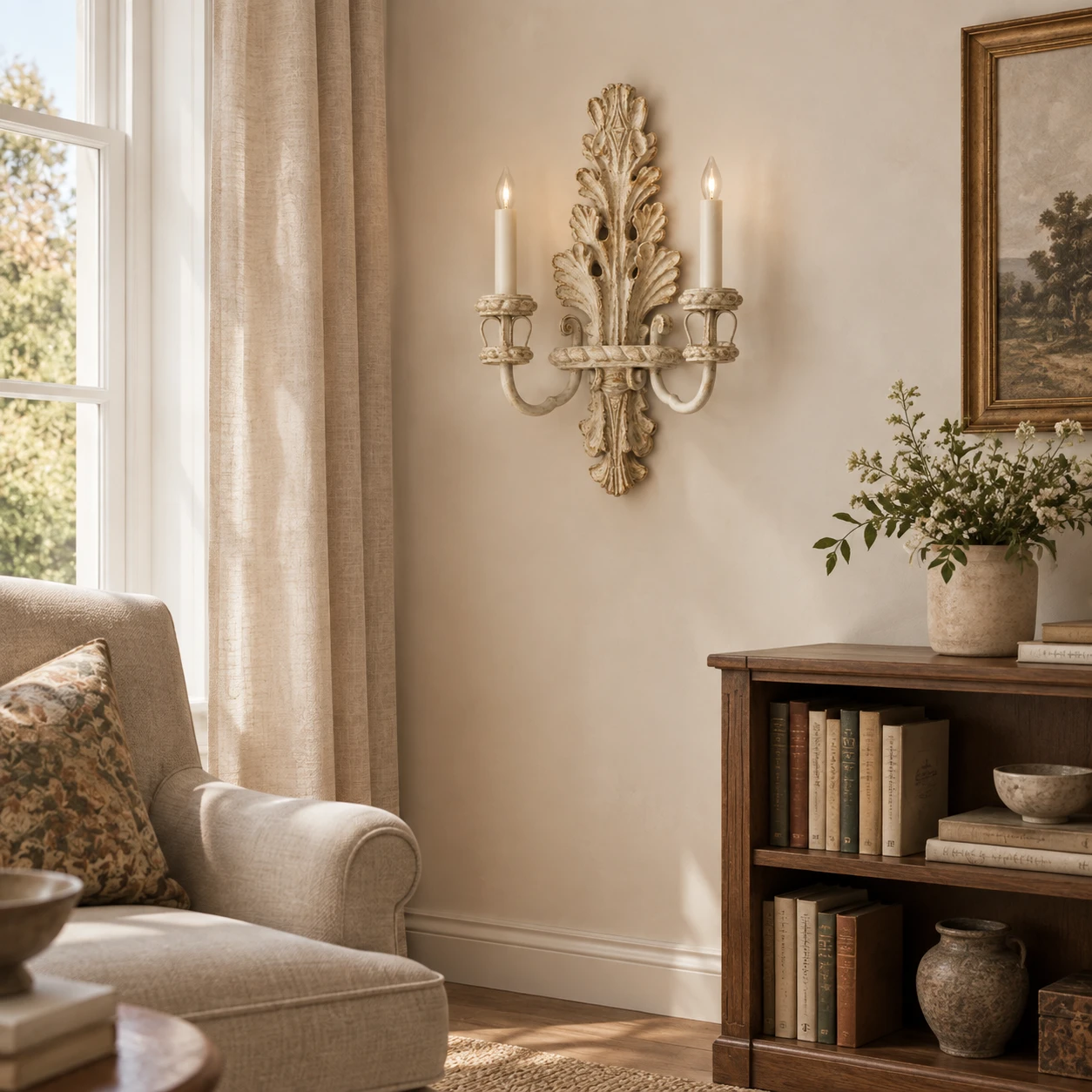 Wood candle wall sconce installed in a sitting room