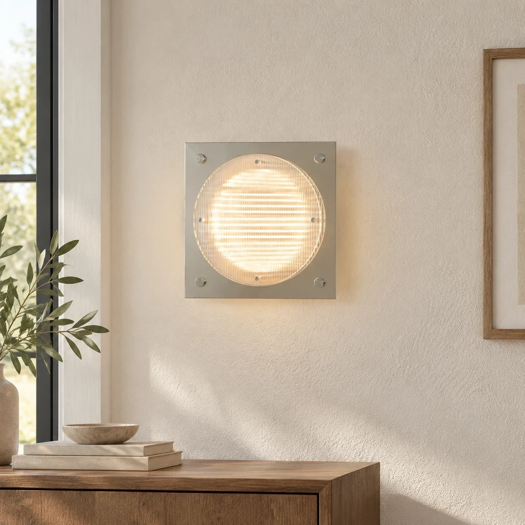 Square ribbed acrylic wall sconce lit above an entry console