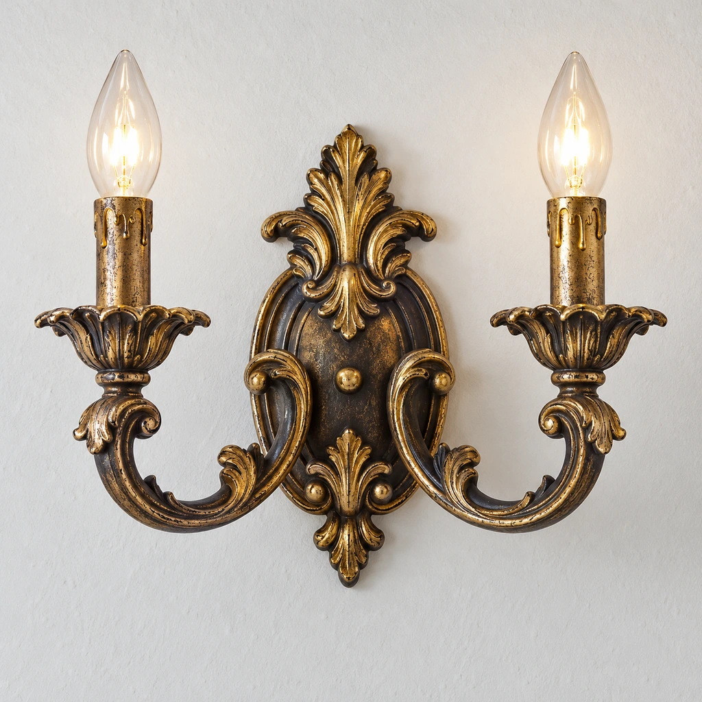 Close detail of the compact wall plate, upper leaf ornament and wall connection