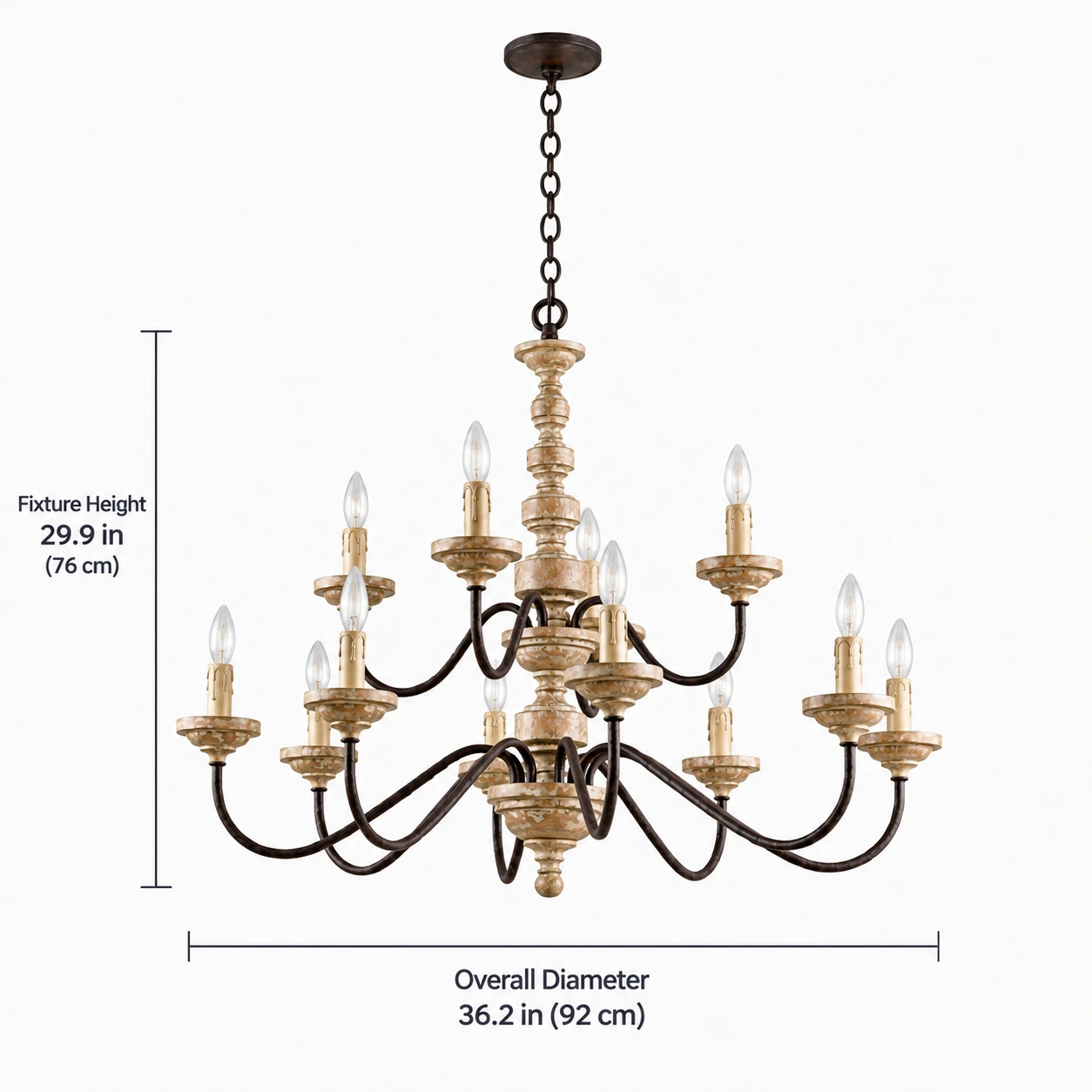 12-light chandelier fixture height 29.9 inches or 76 centimetres, excluding chain and canopy; overall diameter 36.2 inches or 92 centimetres