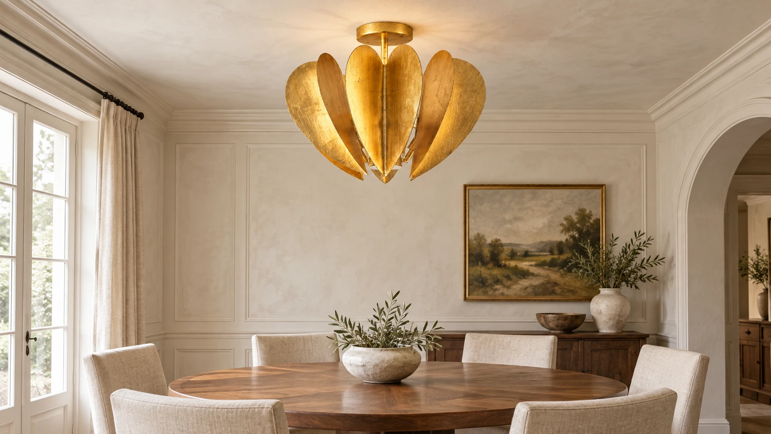 Vintage gold leaf flush-mount ceiling light above a dining table in a bright vintage interior