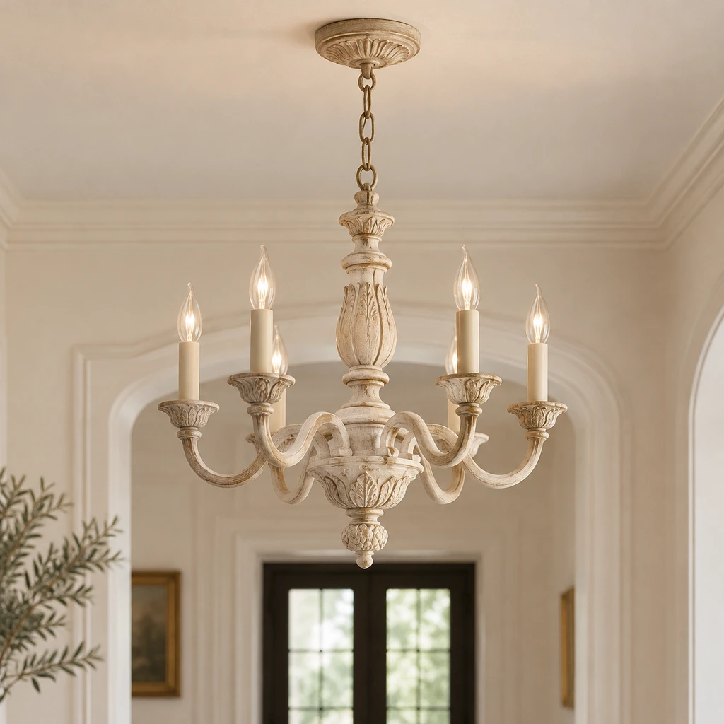 Valencia vintage carved ivory candle chandelier illuminated in a pale architectural foyer