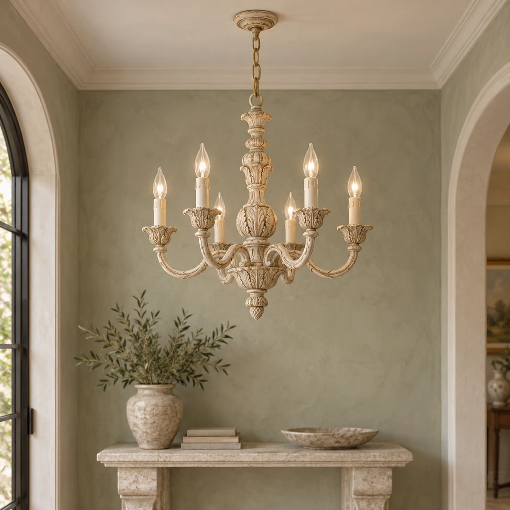 Valencia vintage carved ivory candle chandelier in a chalky sage entry hall with pale limestone