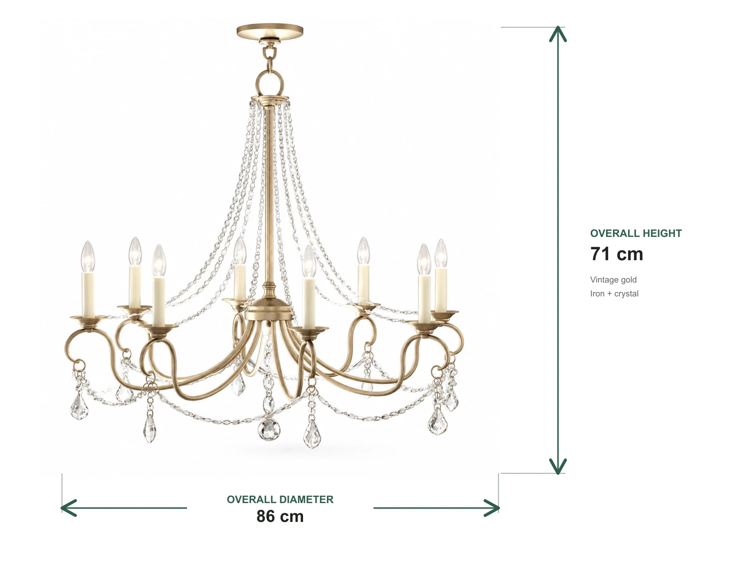 Marlow chandelier dimensions: 86 cm overall diameter and 71 cm overall height