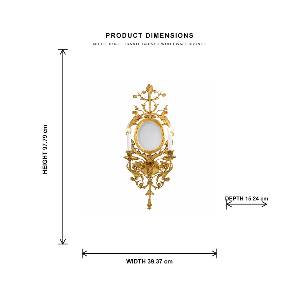 Dimension graphic showing height 97.79 cm, width 39.37 cm and depth 15.24 cm for model 0168 wall sconce