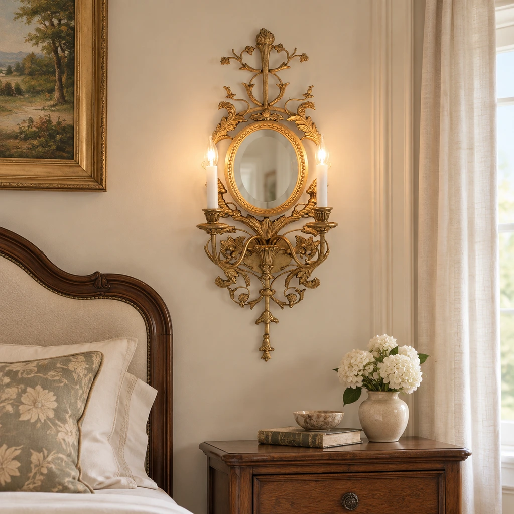 Ornate carved wood mirror wall sconce on a bedroom accent wall beside a wood nightstand