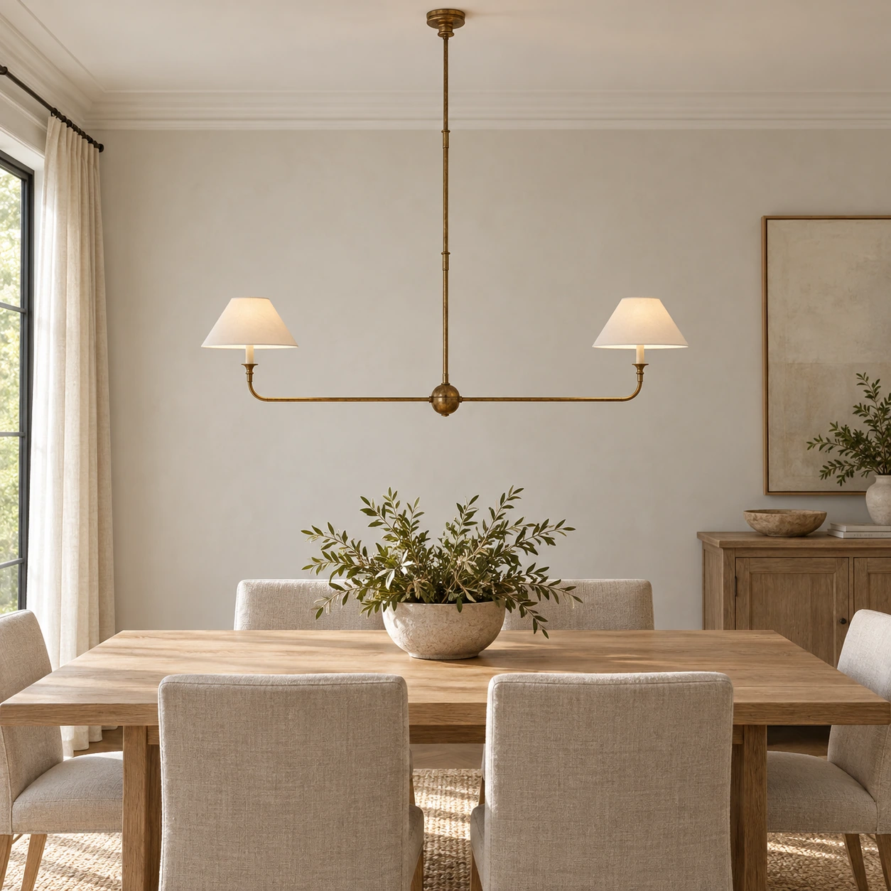 Vintage gold two-shade chandelier above a light wood table