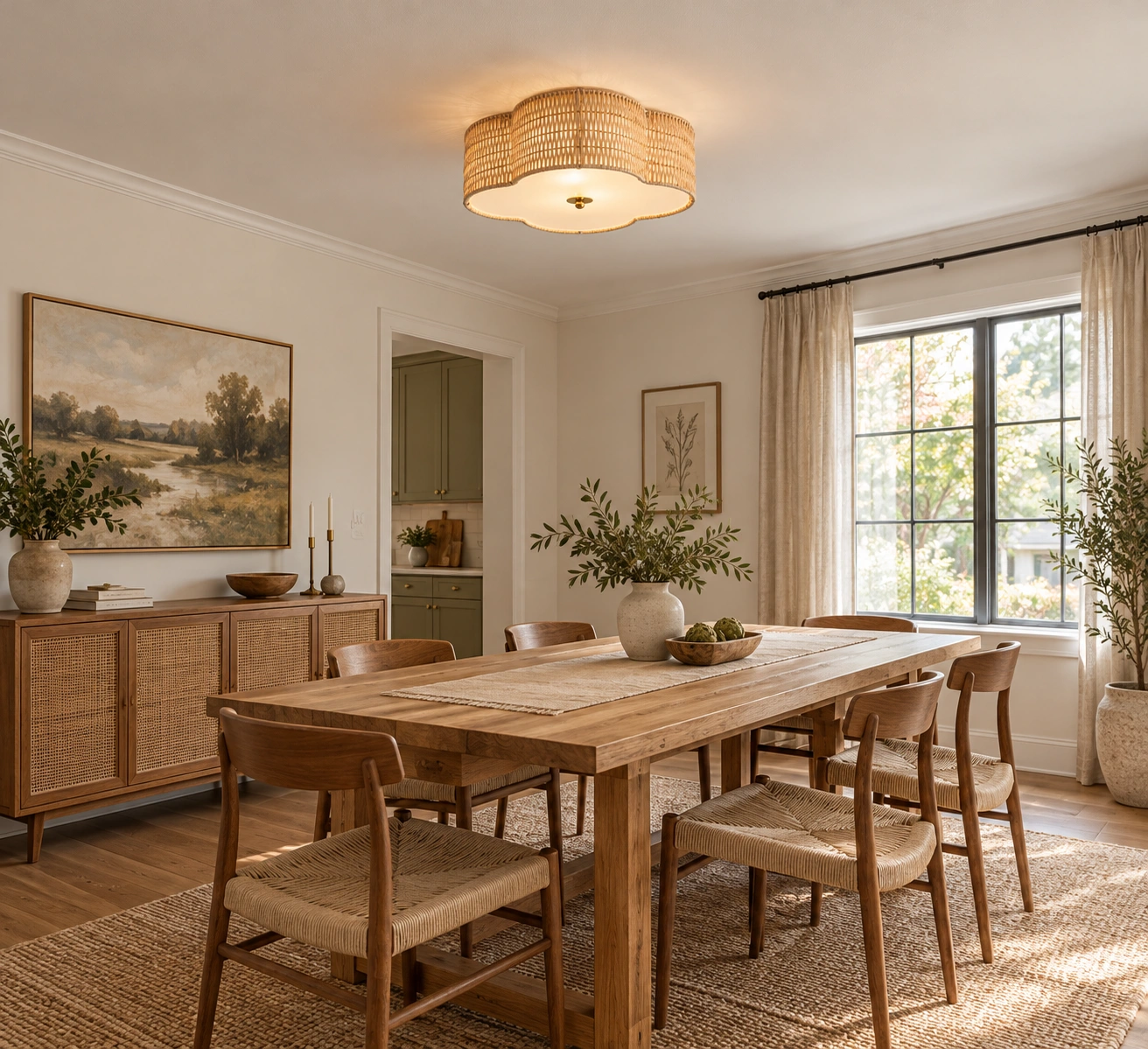 Hand-woven rattan flush mount ceiling light installed above a dining table