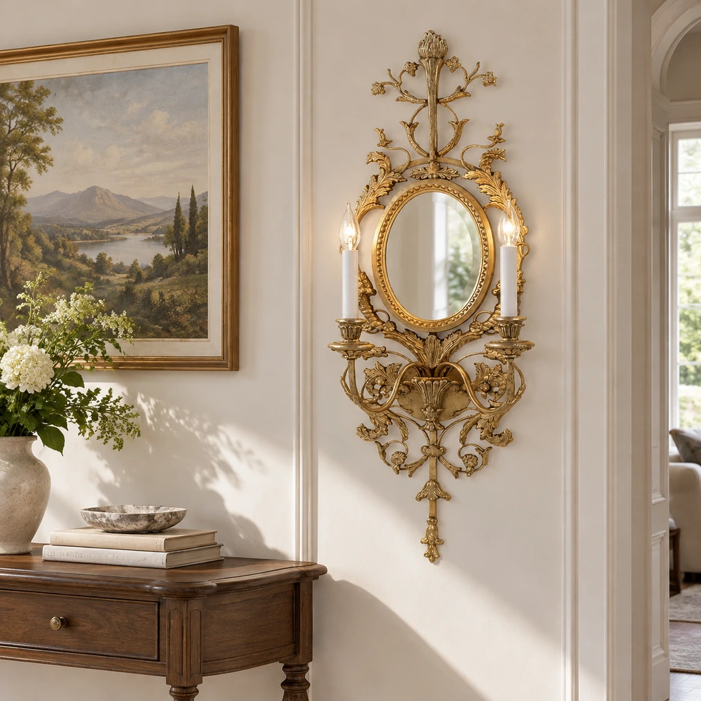 Ornate carved wood mirror wall sconce beside a framed landscape artwork and walnut console; no separate mirror