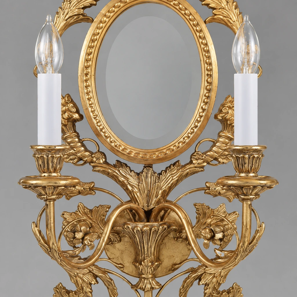Close detail of the two symmetric candle-style arms and carved supports
