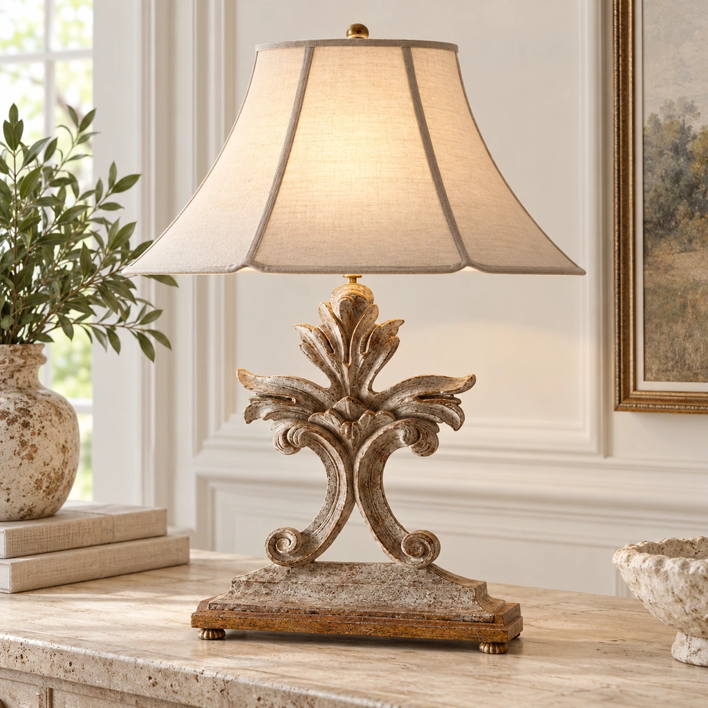 Linden carved wood table lamp with open symmetrical frame on a pale console