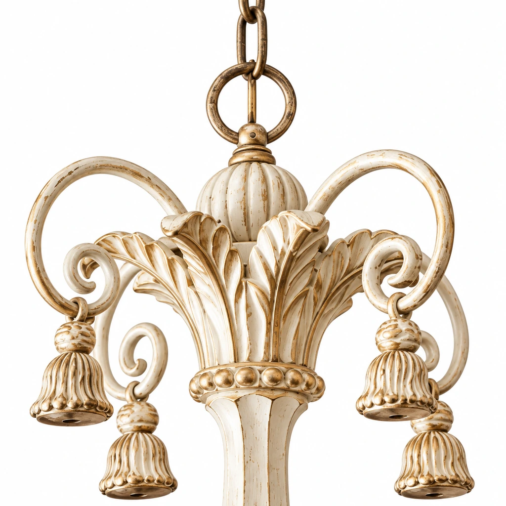 Close detail of the hanging chain, carved upper crown and scrollwork
