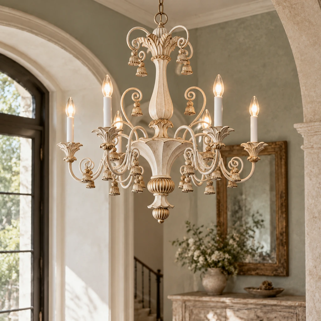 Bellamy vintage carved ivory candle chandelier in a chalky sage entry hall with pale limestone