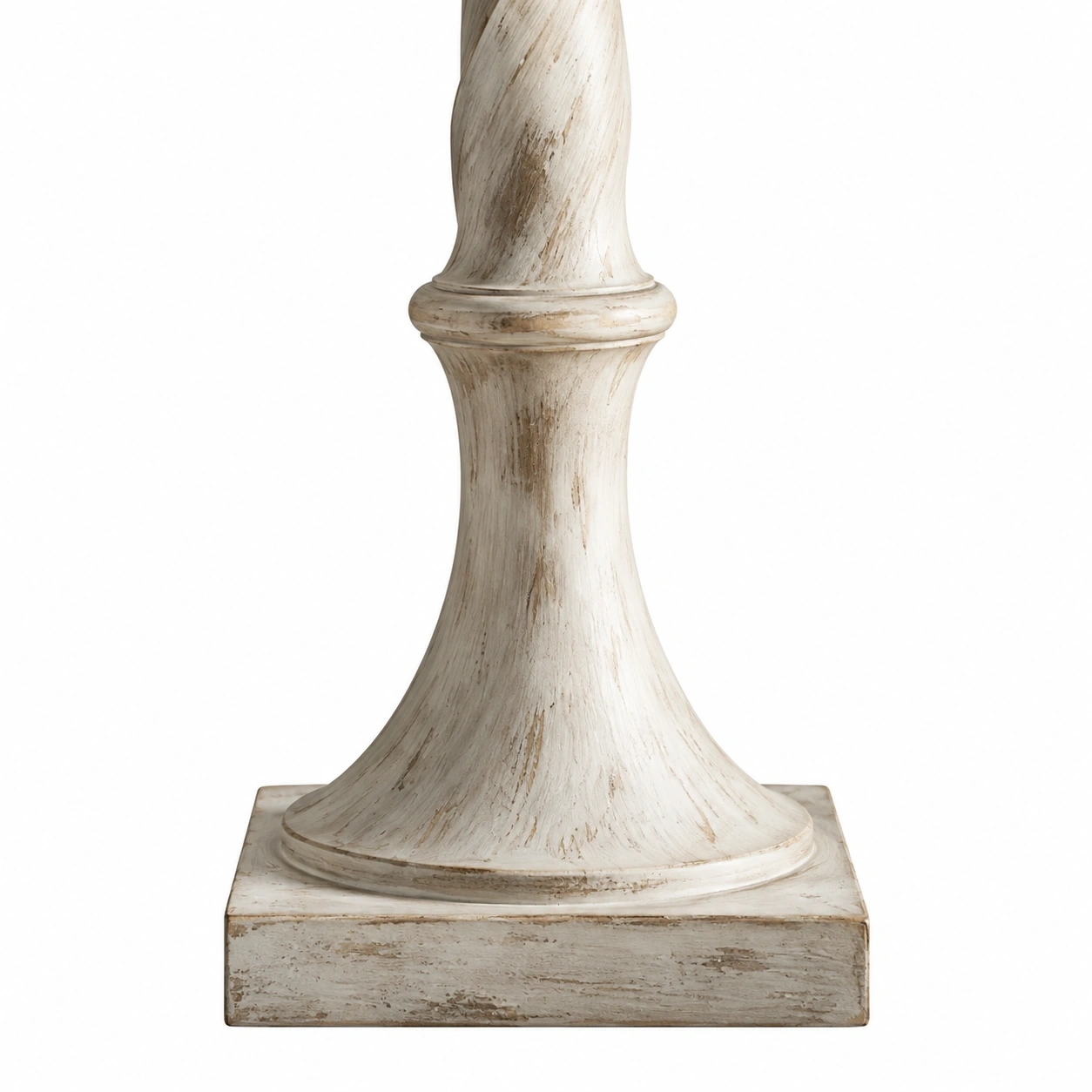 Close view of the square distressed wood base