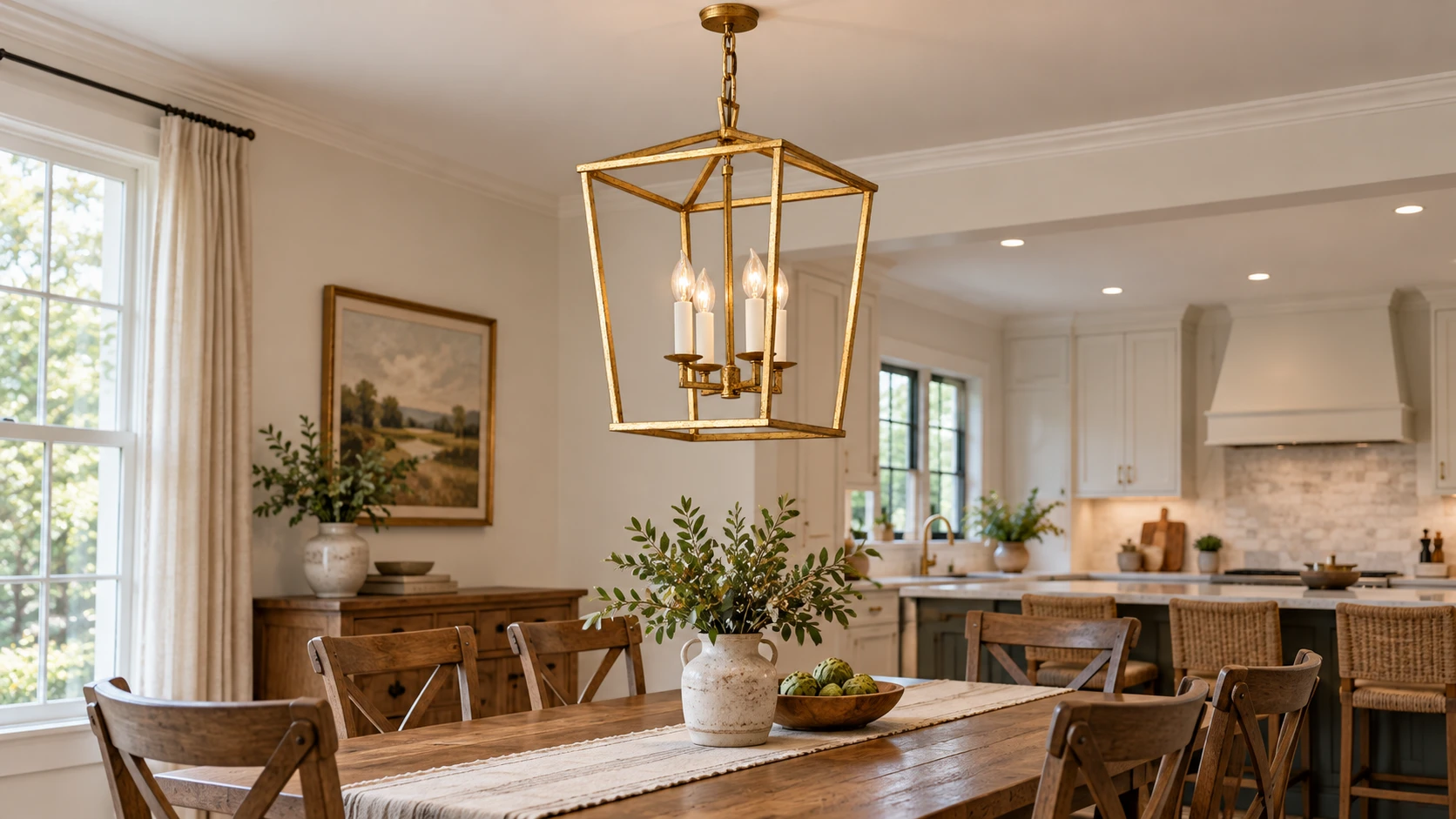 Nora Vintage Caged Iron Chandelier in an American dining room
