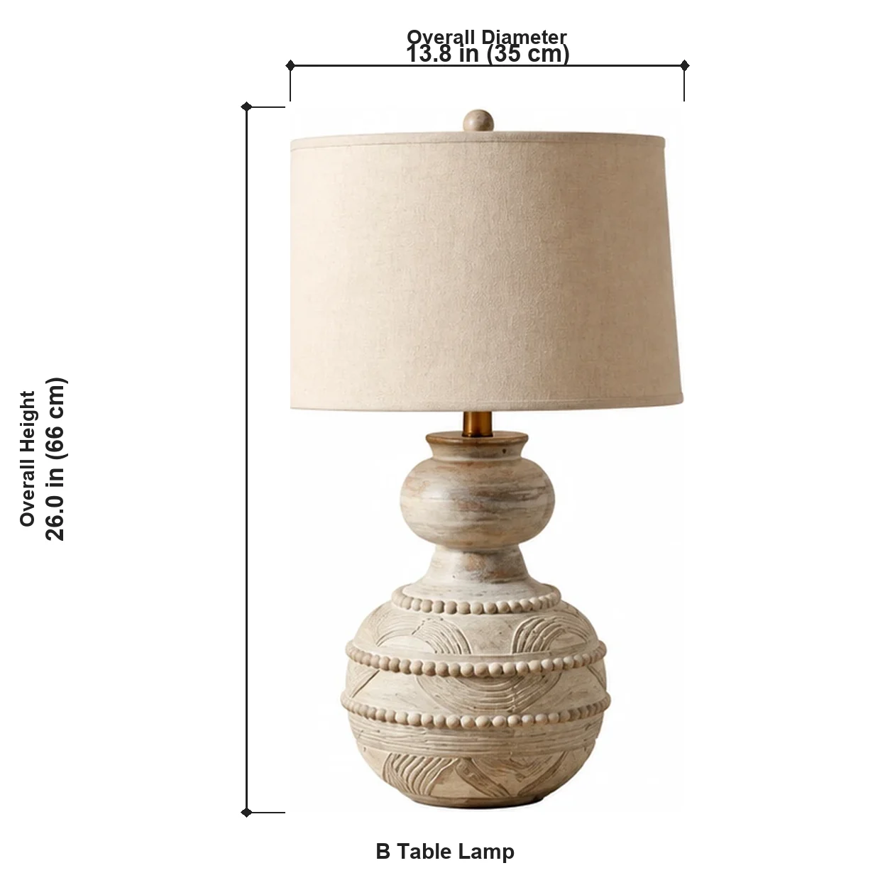 B table lamp dimensions, diameter 35 cm and height 66 cm
