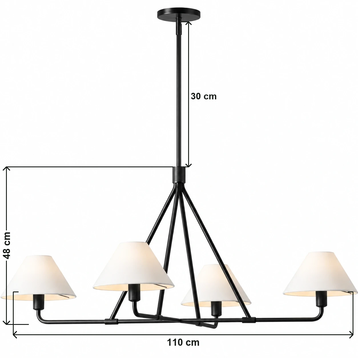 4-Light dimensions 110 cm width, 48 cm fixture height, 30 cm downrod