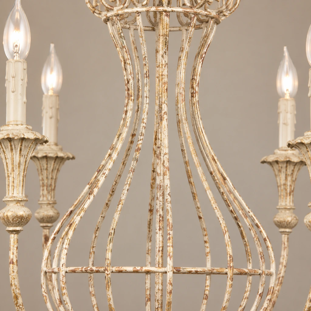 Close detail of the elongated distressed iron cage ribs