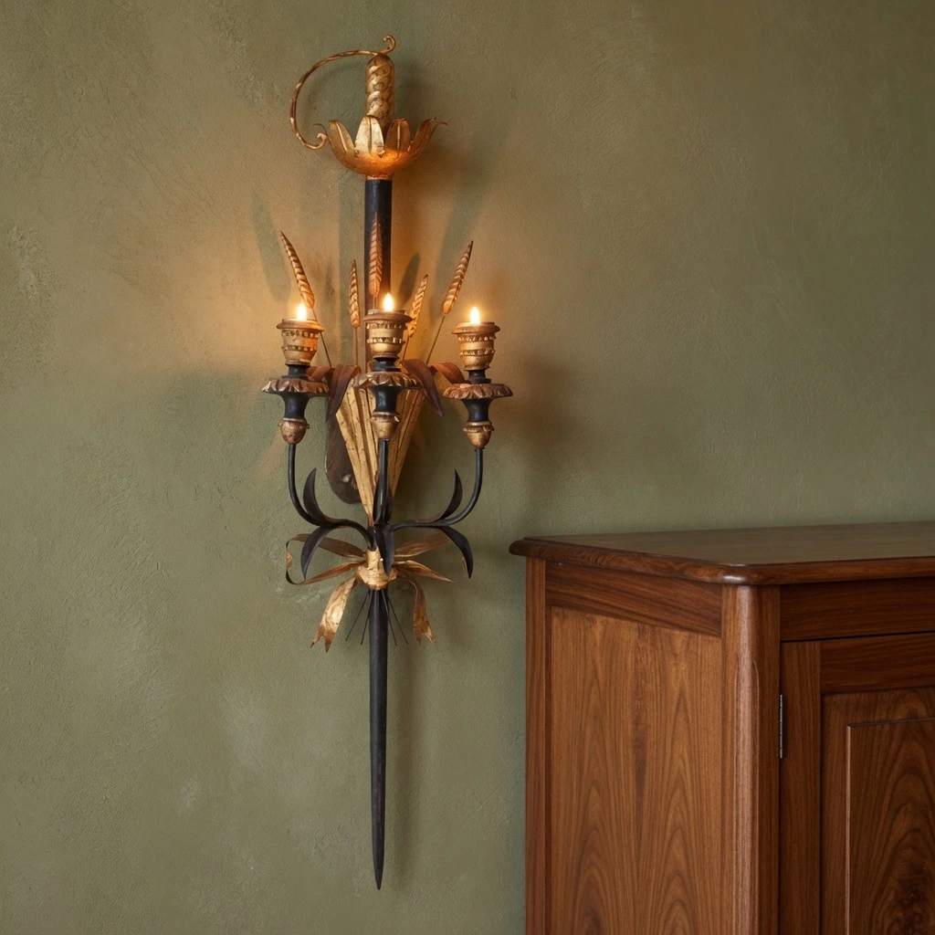 Calla three-light wall sconce beside a walnut sideboard