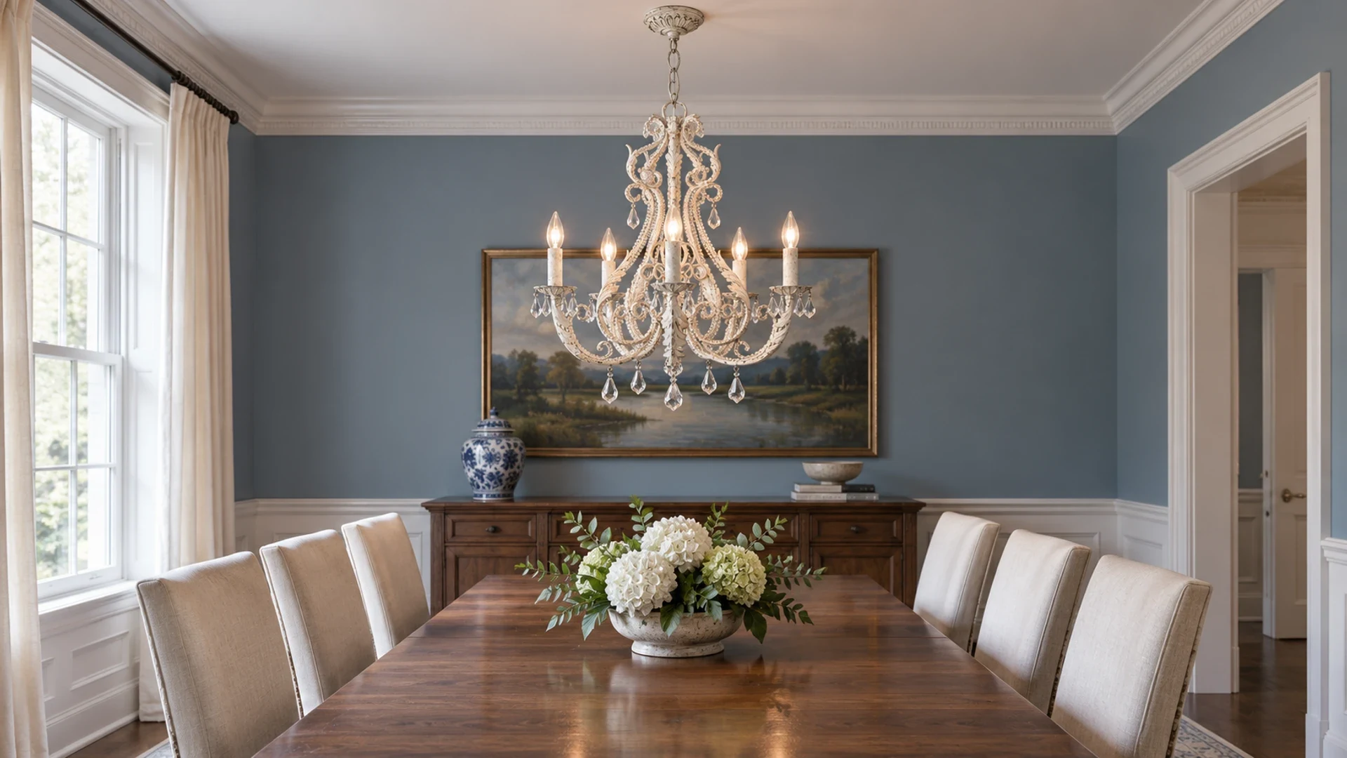 Camille French crystal iron chandelier above a dining table in an American home